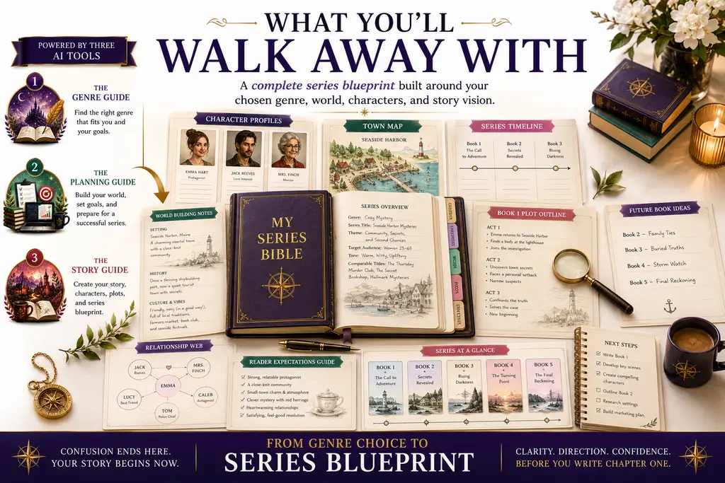 A complete series blueprint: character profiles, town map, series timeline, plot outline, and more