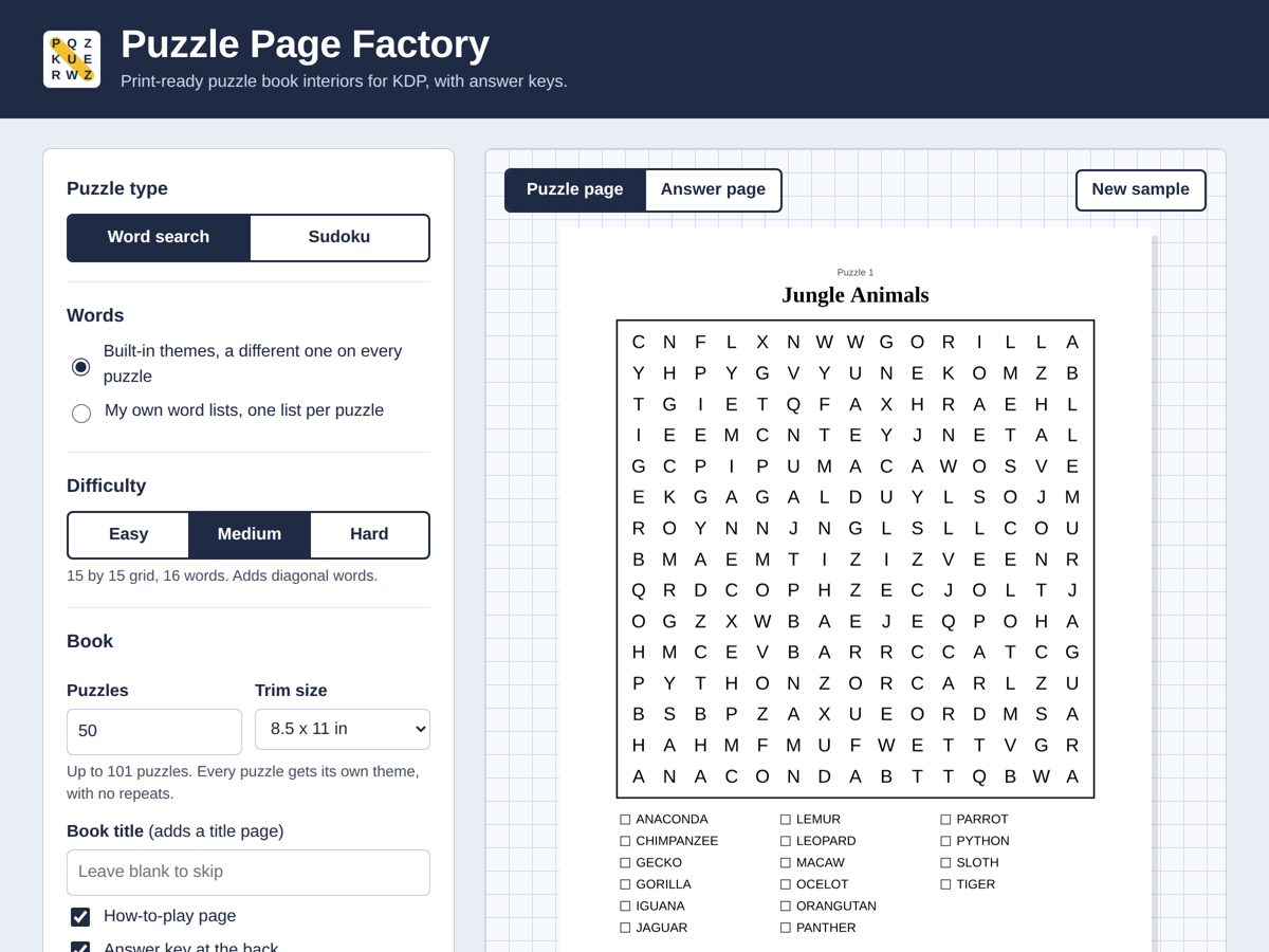 Puzzle Page Factory with settings on the left and a live word search page preview on the right