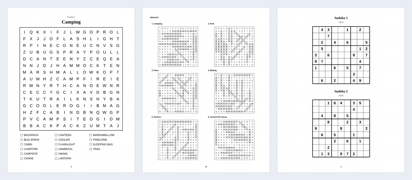 A word search page, a page of word search answers, and a page with two sudoku puzzles