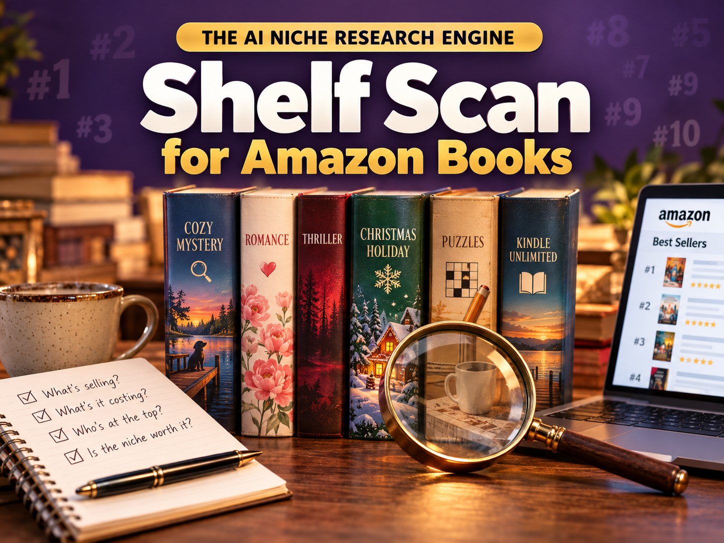 Shelf Scan for Amazon Books: a row of cozy mystery, romance, thriller, Christmas, puzzle, and Kindle Unlimited books beside a magnifying glass, a notebook checklist, and a laptop showing a best sellers list.
